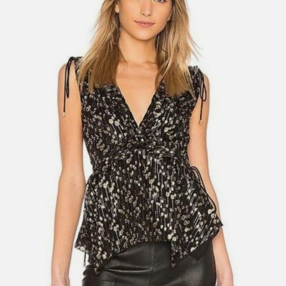 DEREK LAM 10 CROSBY Sleeveless V-Neck Metallic Ruffle Top